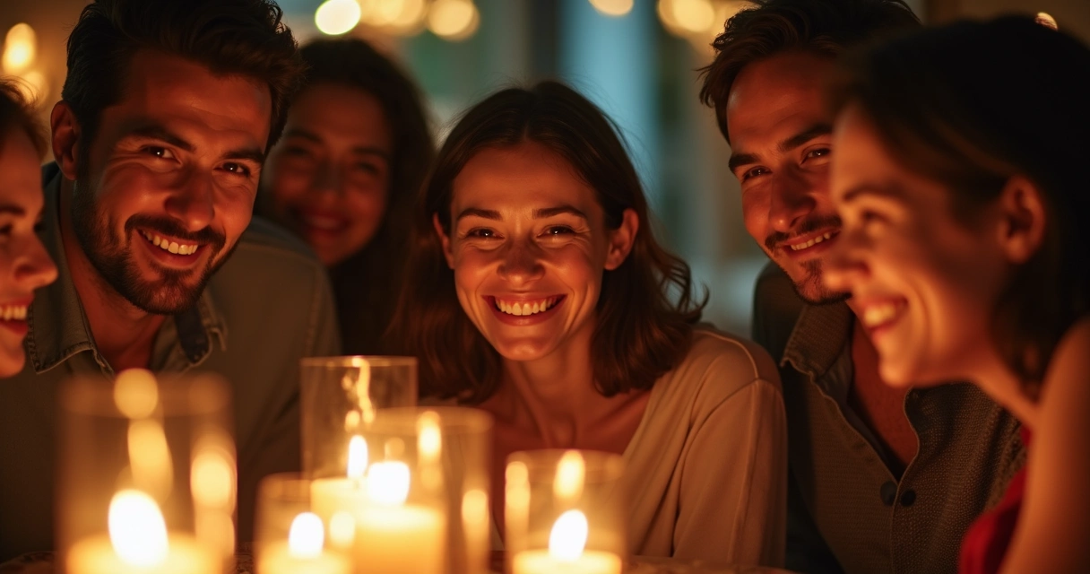 Pessoa observando de longe a comemoração de um grupo, mostrando um leve sorriso 