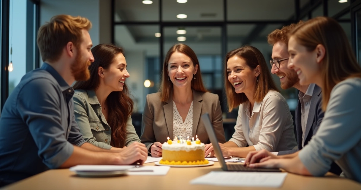 Pequeno grupo celebrando uma conquista no ambiente de estágio 