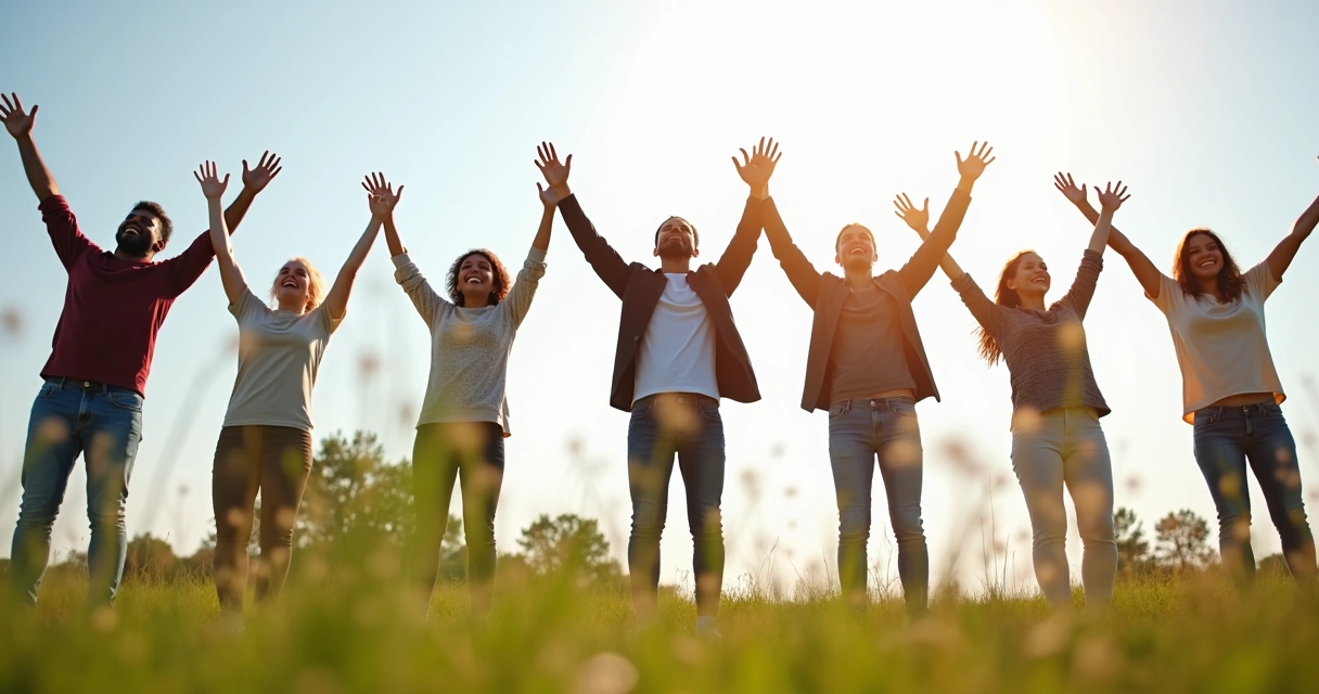 Grupo de pessoas comemorando junta após alcançar objetivo em ambiente aberto 