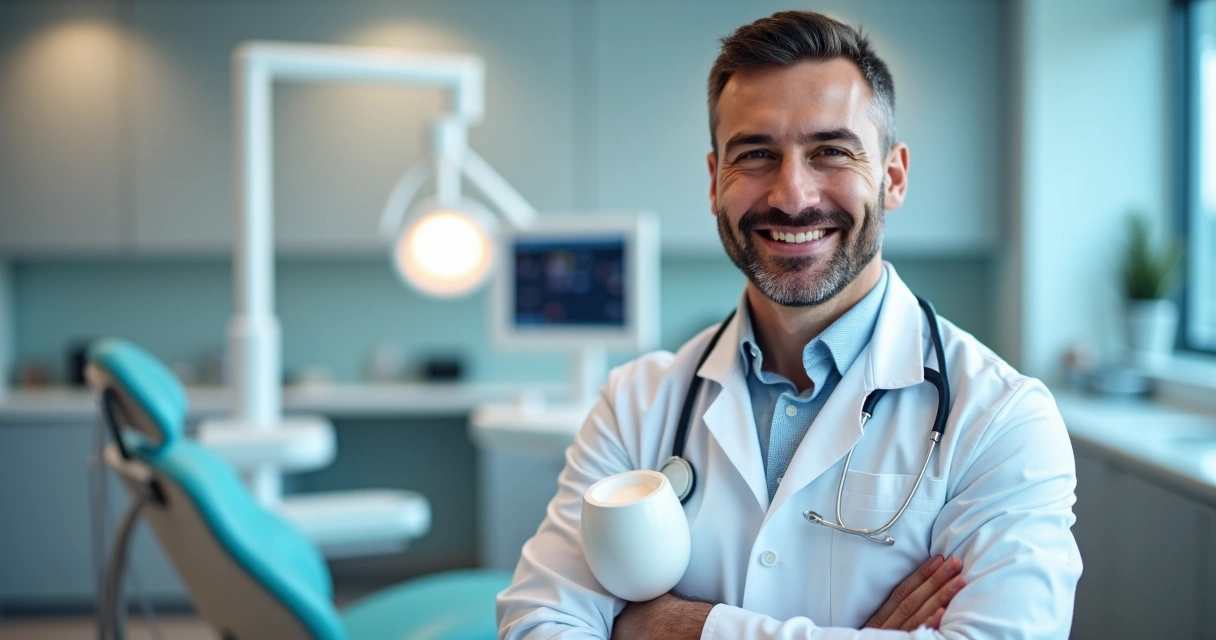 Odontologista apresentando novo aparelho odontológico na clínica 