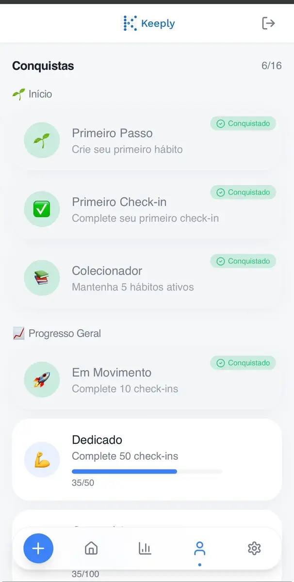 Tela do app Keeply mostrando conquistas de hábitos com progressos e check-ins