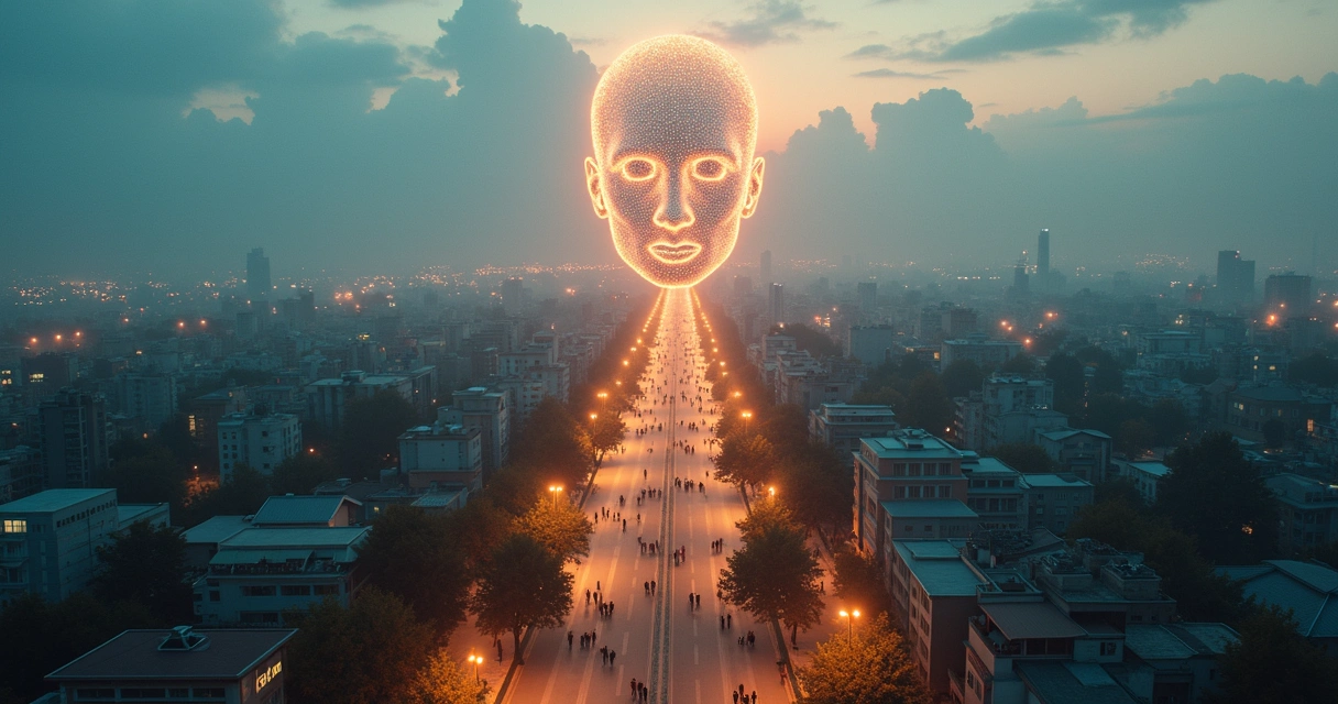 Mosaico urbano com rosto humano transparente conectado a edifícios e pessoas interligadas por linhas de luz 