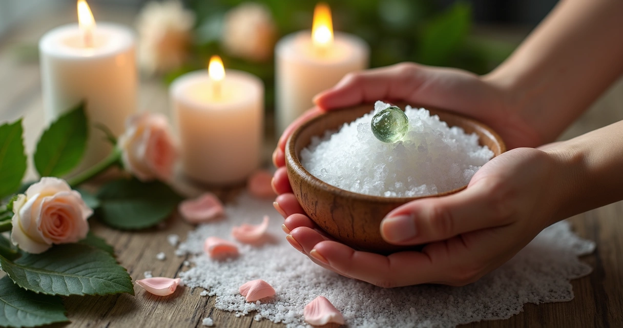 Candles and crystals arranged around jewelry during a consecration ritual 