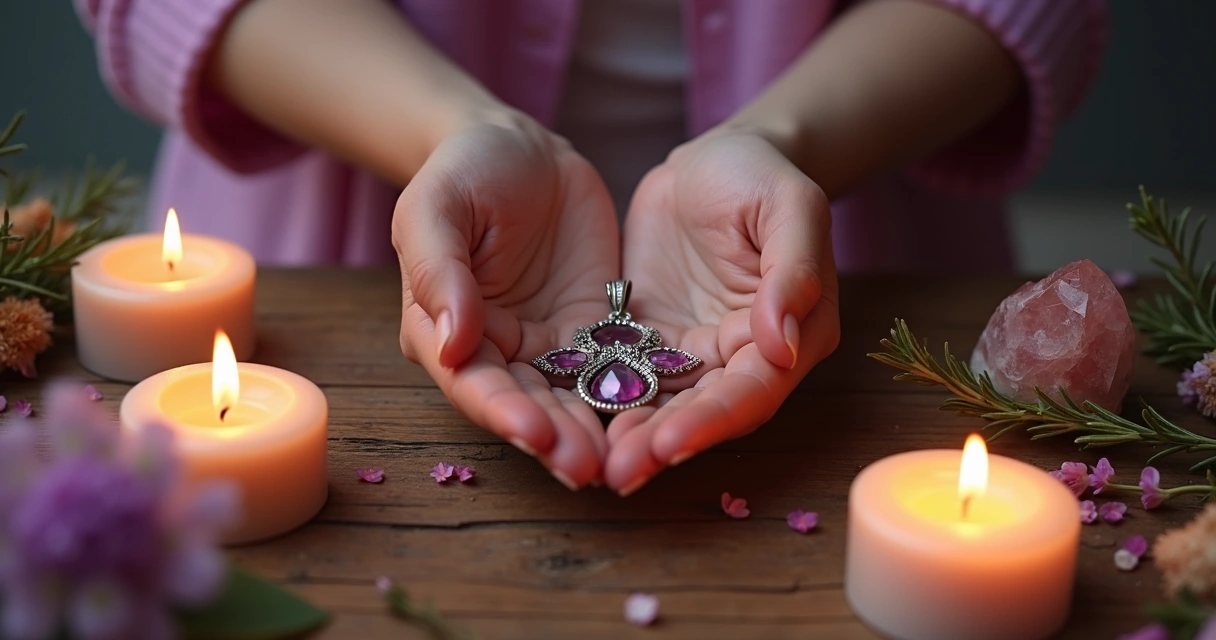 Mãos femininas segurando um pingente prateado sobre uma mesa com velas e flores