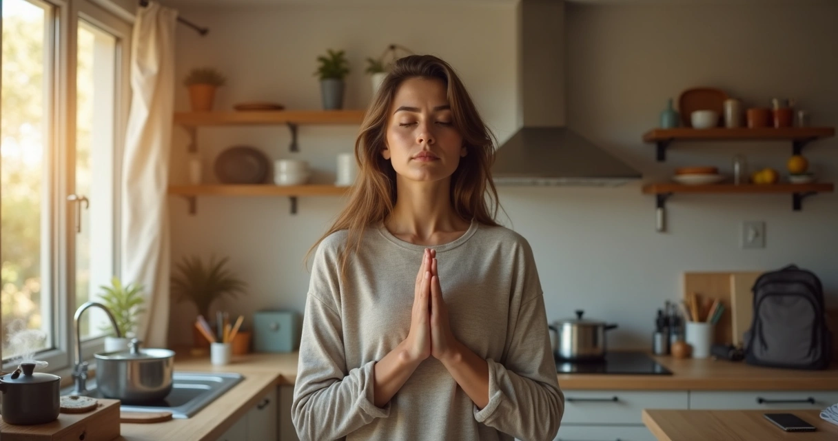 Pessoa respirando fundo em cozinha com objetos desfocados ao redor simbolizando frustrações do dia a dia 