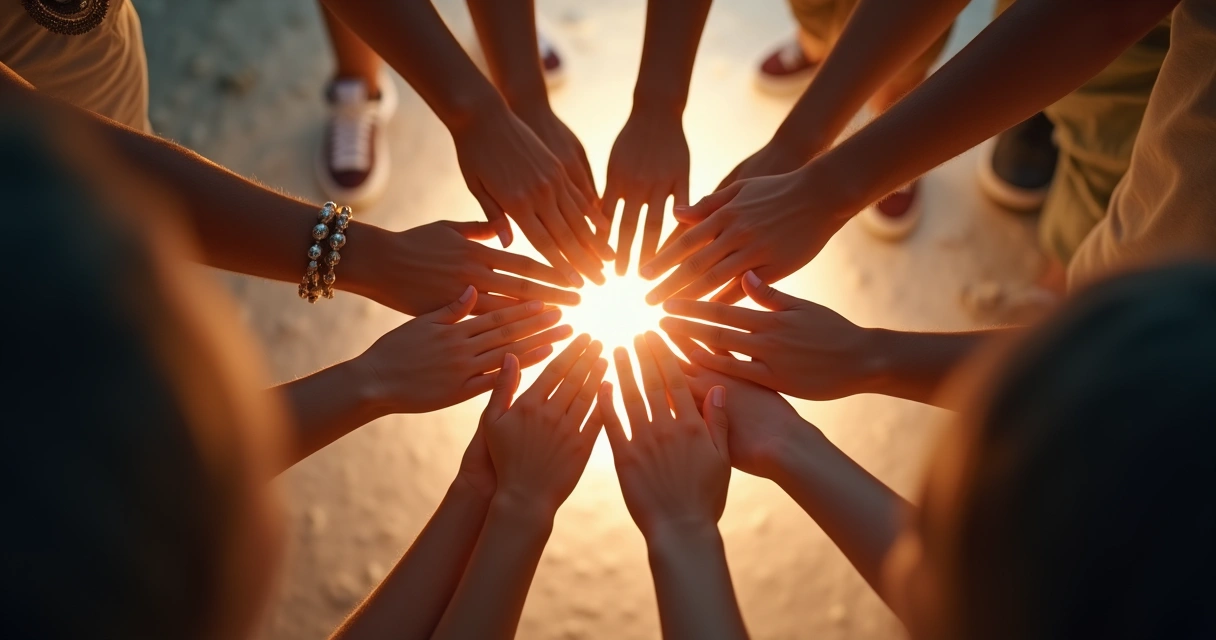 Grupo de pessoas conectadas com expressão de unidade e harmonia 