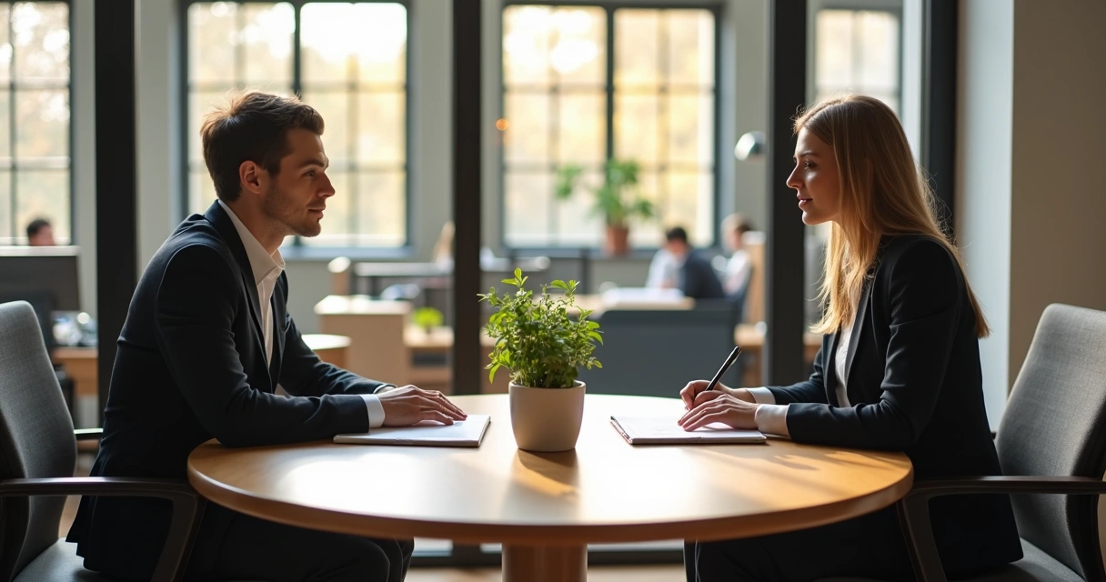 Two people sitting across a table during a job interview, both looking engaged with open notebooks and a plant between them.