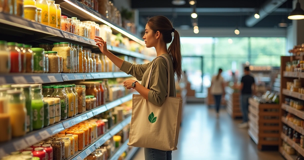 Pessoa escolhendo produtos sustentáveis em mercado com ecobag e embalagens recicláveis 