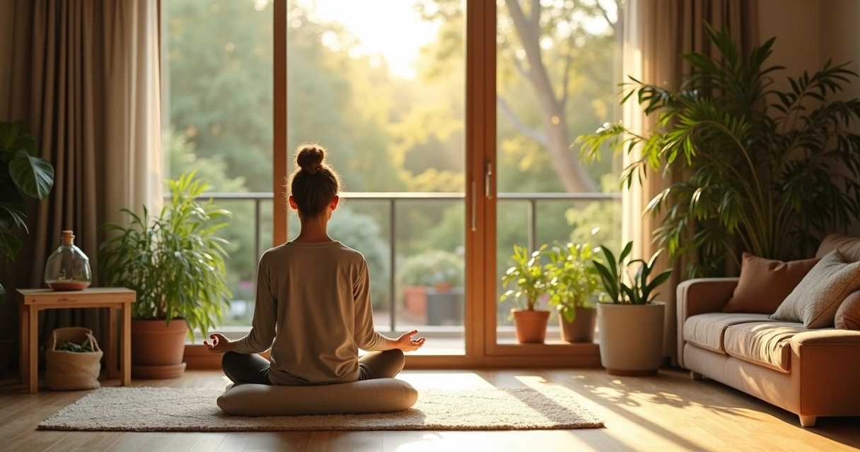 Pessoa meditando perto da janela com plantas e itens sustentáveis na sala 