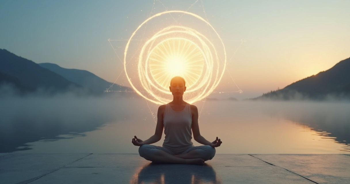 Pessoa em meditação com luz ao redor da cabeça representando consciência ampliada 