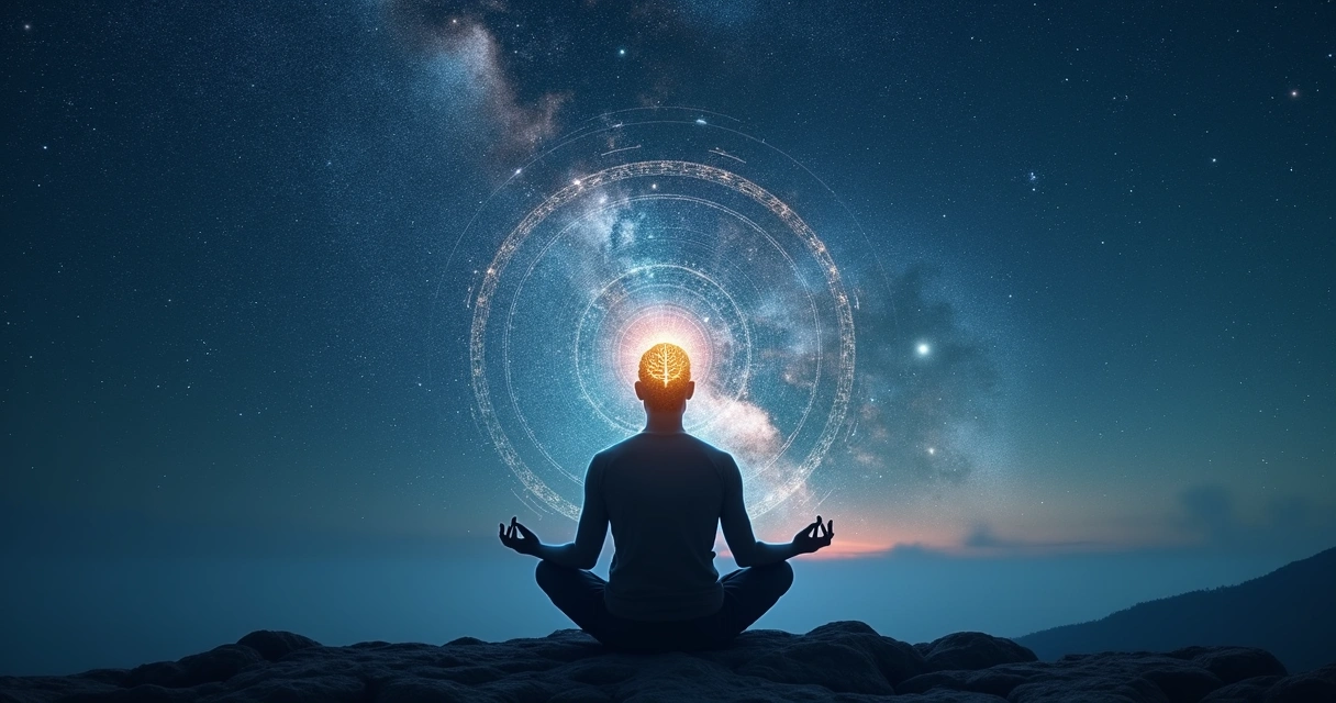 Silhueta de pessoa meditando com cérebro iluminado integrado ao universo ao fundo 