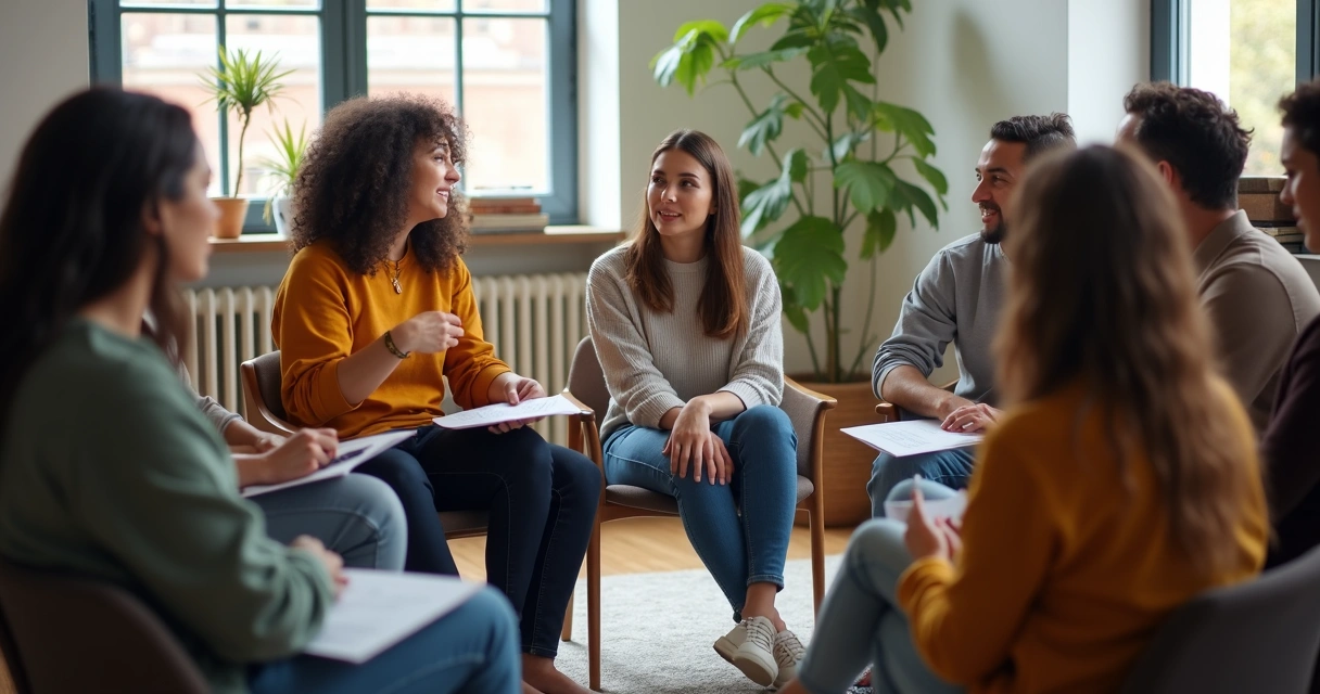 Equipe de pessoas diferentes em círculo participando de dinâmica de reflexão, luz natural iluminando o ambiente 