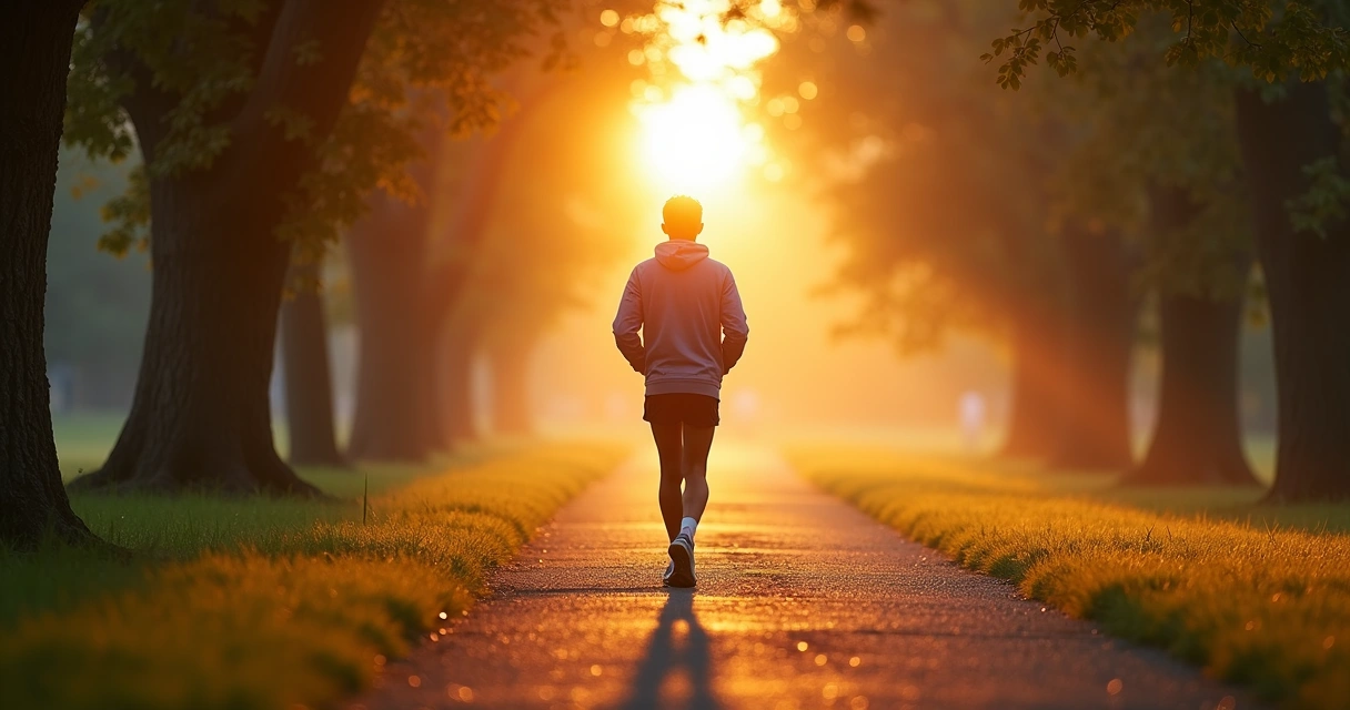 Pessoa caminhando em parque ao amanhecer, focada nos passos 