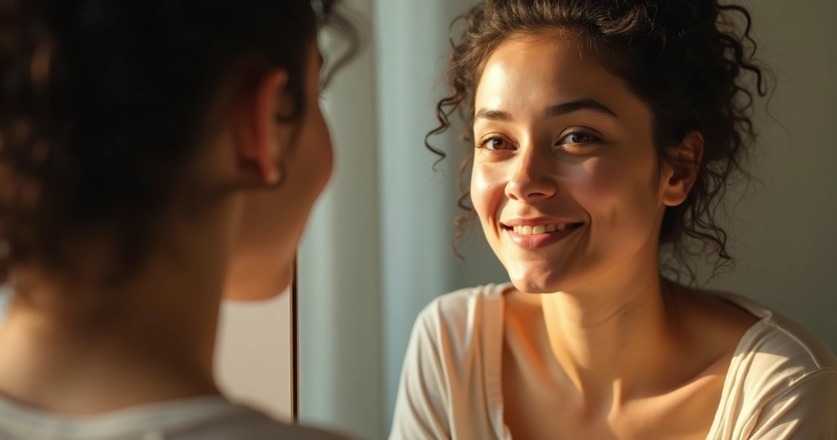 Pessoa olhando para o próprio reflexo em espelho, com expressão serena