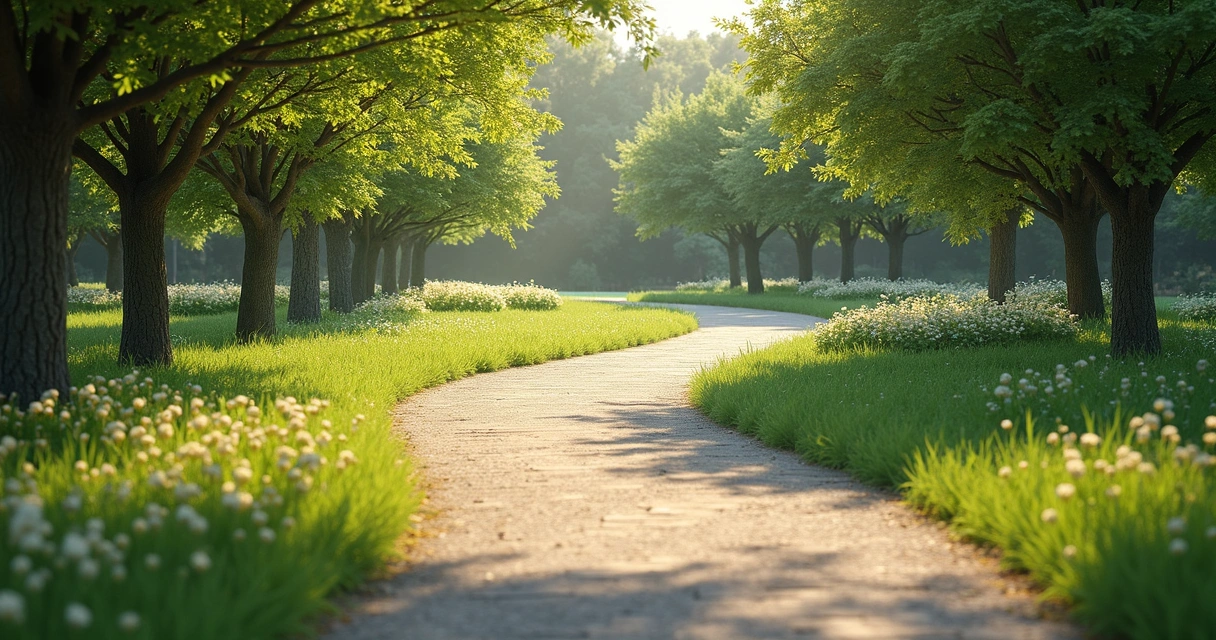 Dois caminhos divergentes em um parque, um com luz suave e flores, outro mais escuro e árido 
