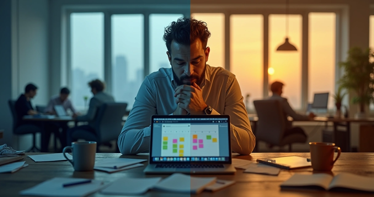 Profissional sentado à mesa de trabalho com luz dividindo lado exausto e lado sereno 