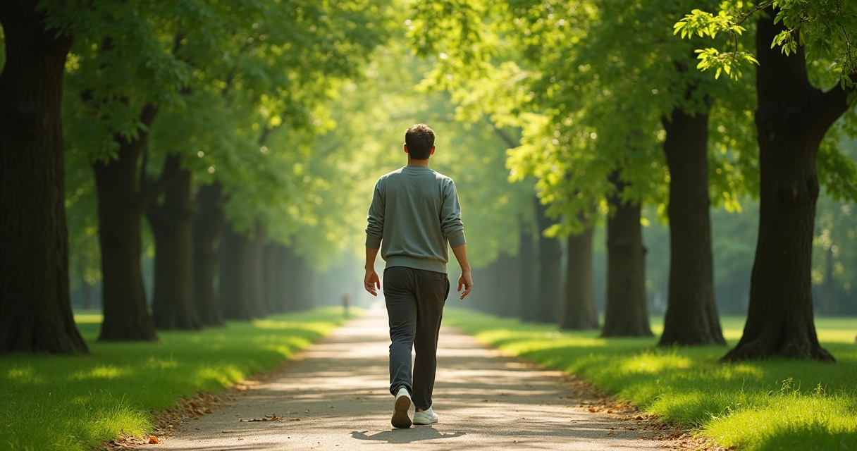 Persona caminando conscientemente por sendero de parque arbolado 
