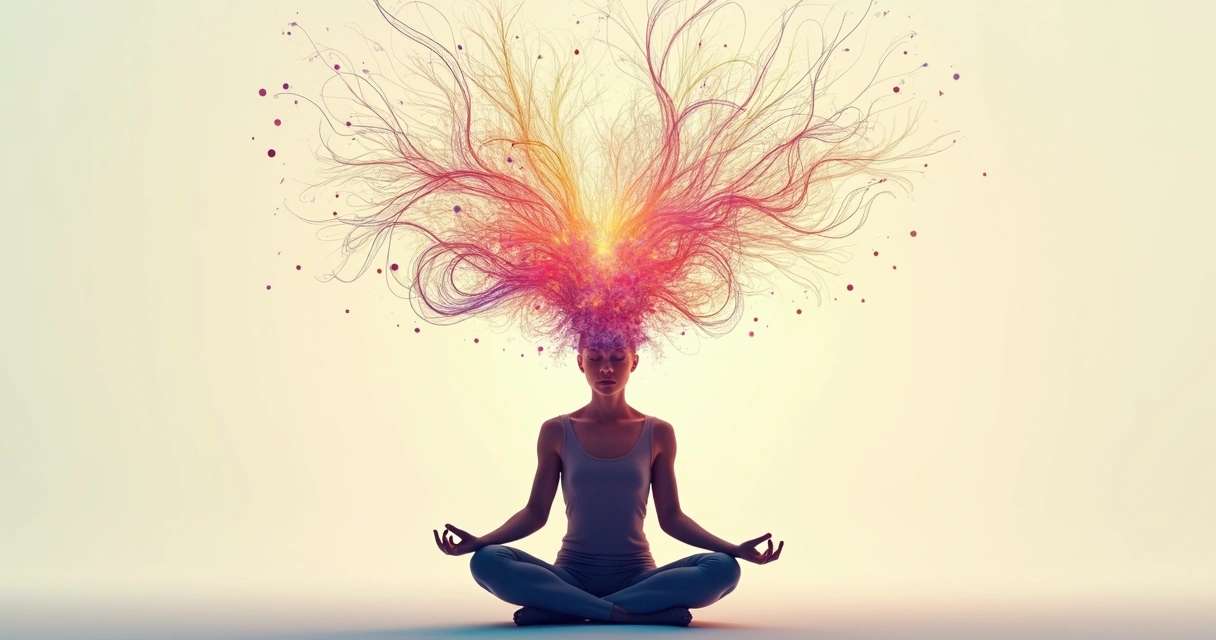 Ilustração de uma pessoa sentada refletindo, com linhas coloridas fluindo ao redor da cabeça, simbolizando consciência expandida