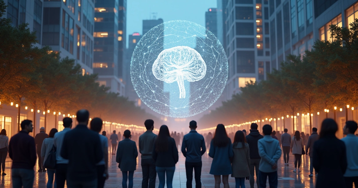 Pessoas olhando para holograma de rede neural em ambiente urbano 