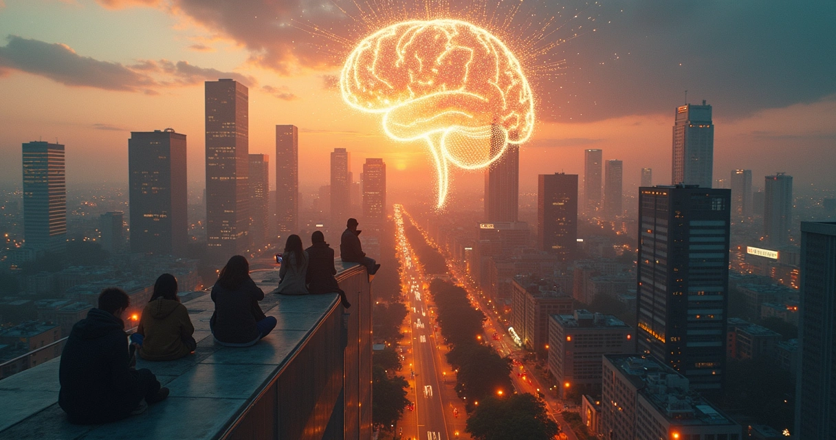 Rede de pessoas conectadas formando um cérebro luminoso sobre uma cidade moderna 