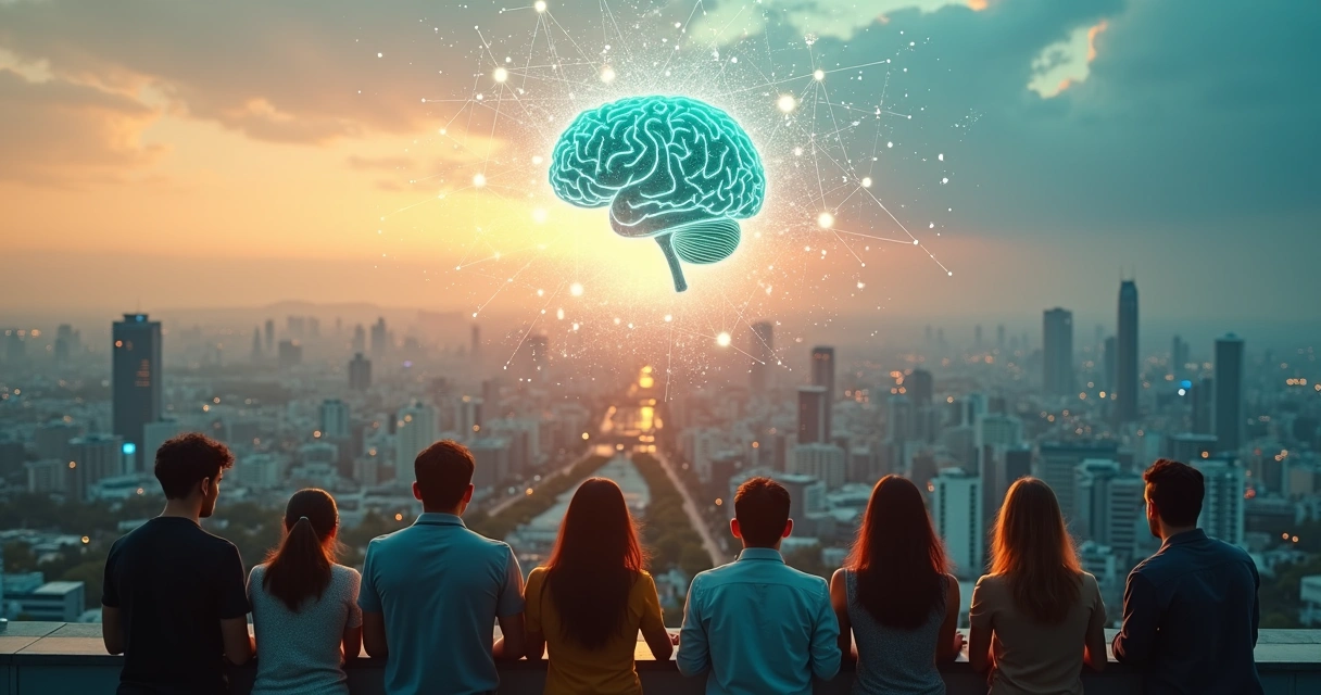 Rede de pessoas conectadas formando um cérebro luminoso sobre uma cidade ao entardecer 