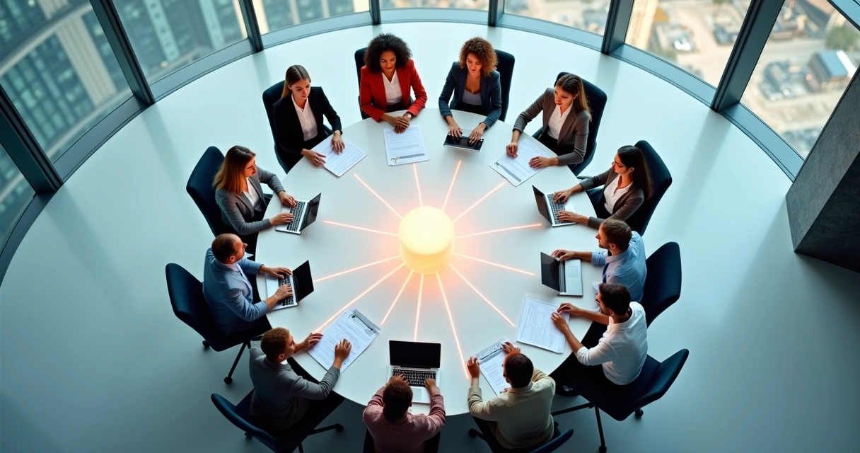 Equipe em roda vista de cima com luz conectando mentes simbolizando consciência coletiva 