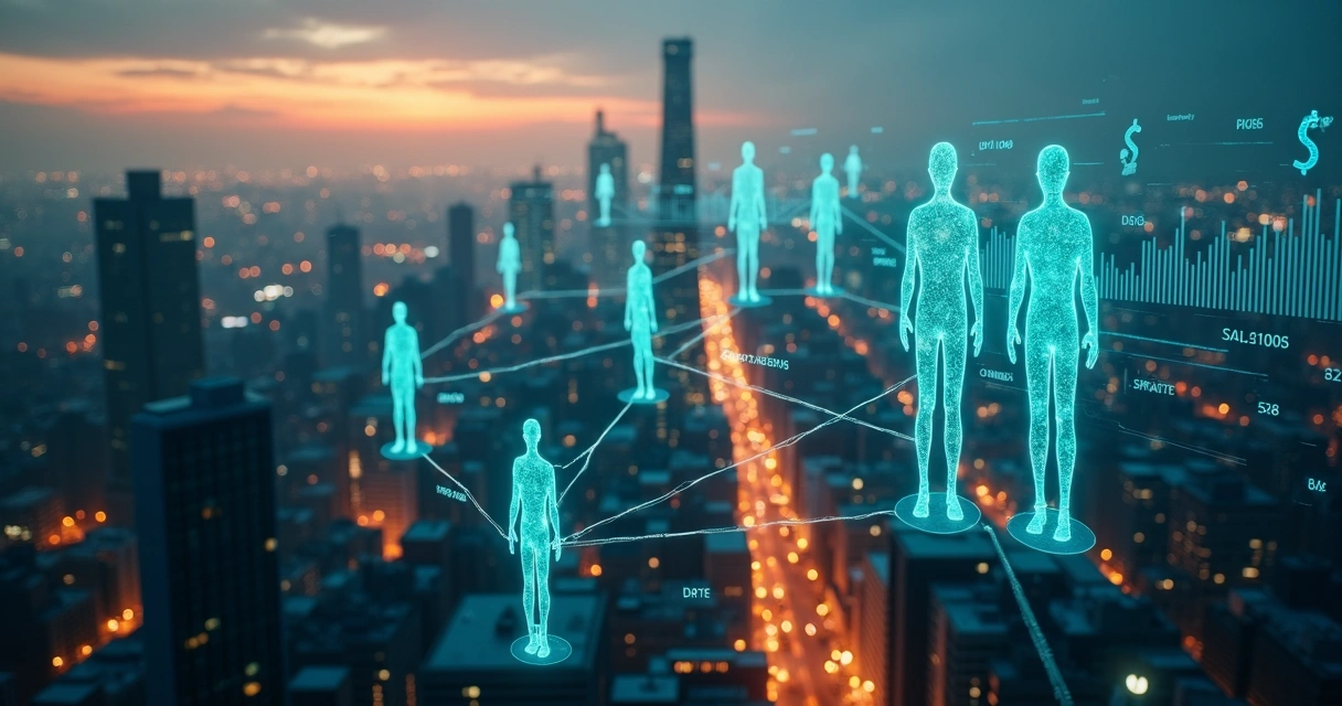 Rede de pessoas conectadas sobre uma cidade com gráficos econômicos ao fundo 