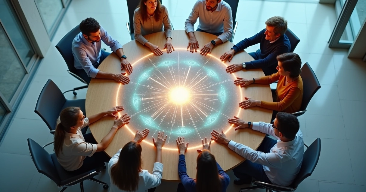 Grupo em círculo visto de cima com traços de luz conectando suas decisões 
