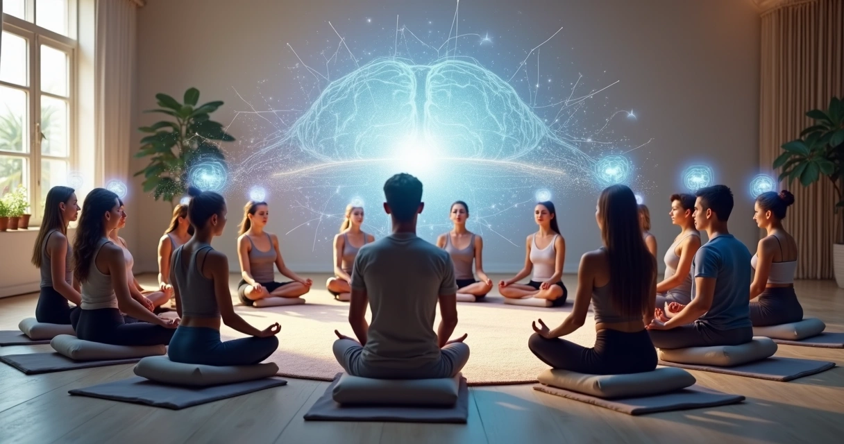 Grupo diverso meditando em círculo com luz conectando seus cérebros 