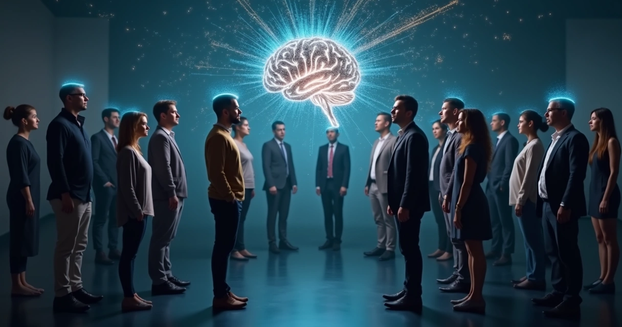 Grupo de pessoas conectadas por linhas luminosas formando uma mente coletiva 