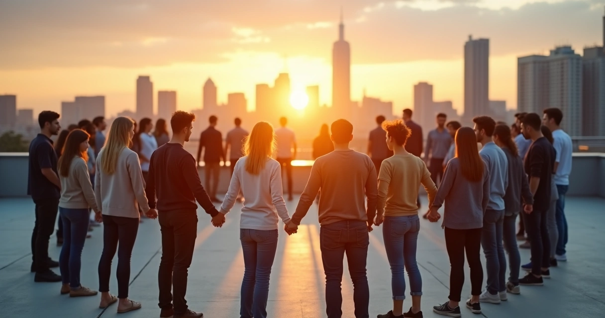 Grupo diverso em círculo com luz conectando suas mãos representando consciência coletiva 