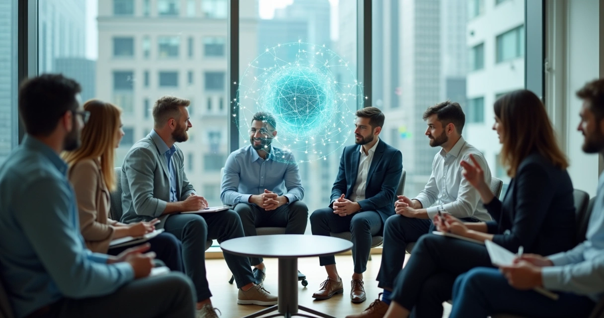 Equipe diversa em reunião circular colaborando em ambiente corporativo moderno 