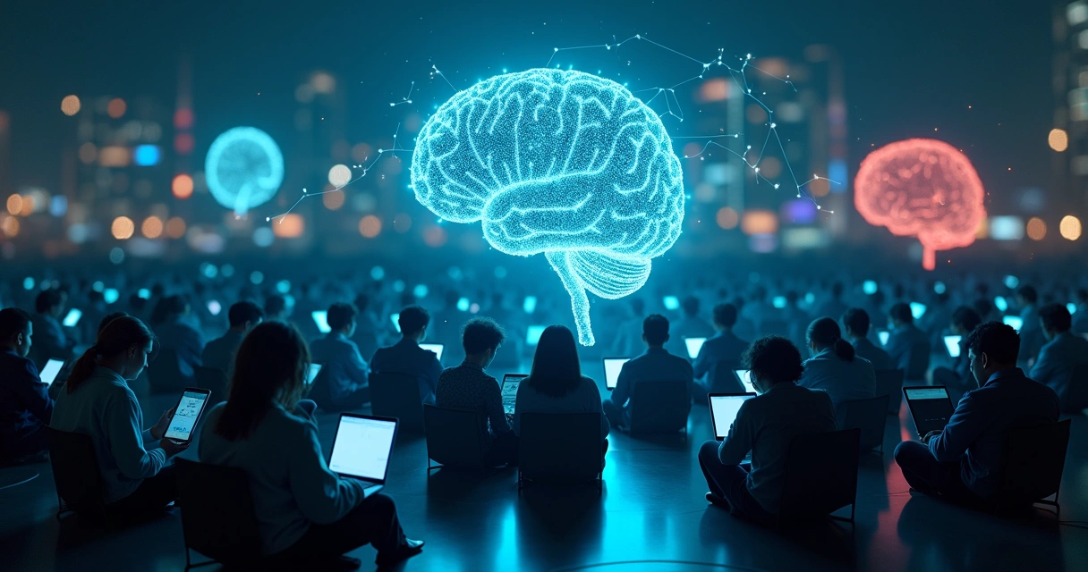 Rede de pessoas conectadas por ícones de redes sociais formando um cérebro coletivo 