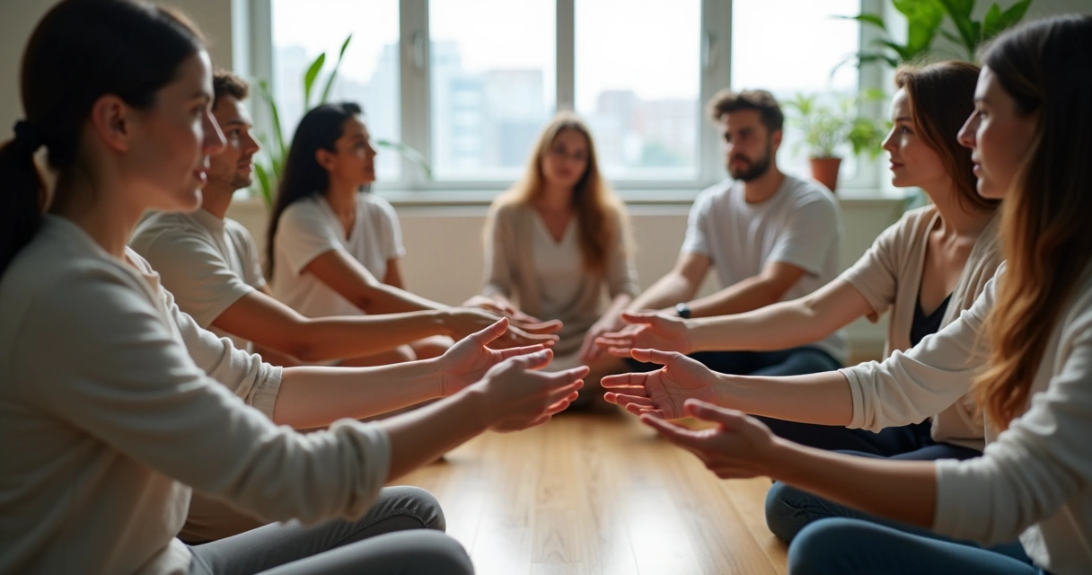 Grupo diverso em círculo de mãos dadas simbolizando consciência coletiva e relações saudáveis 