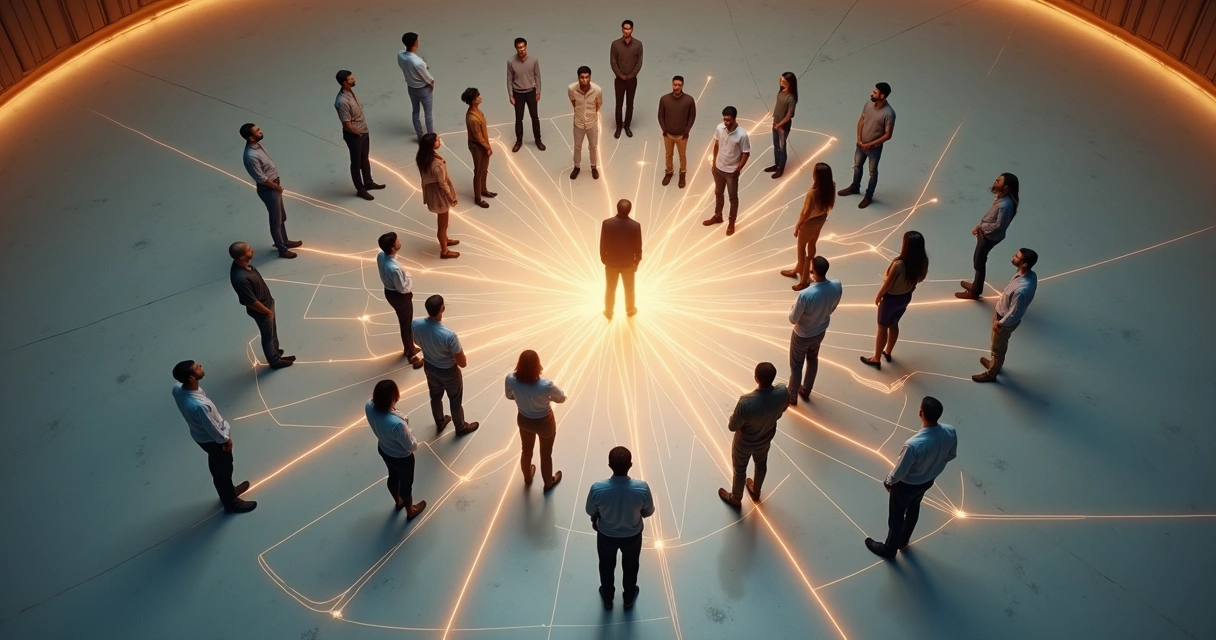 Grupo de pessoas conectadas por linhas de luz formando um sistema humano integrado 