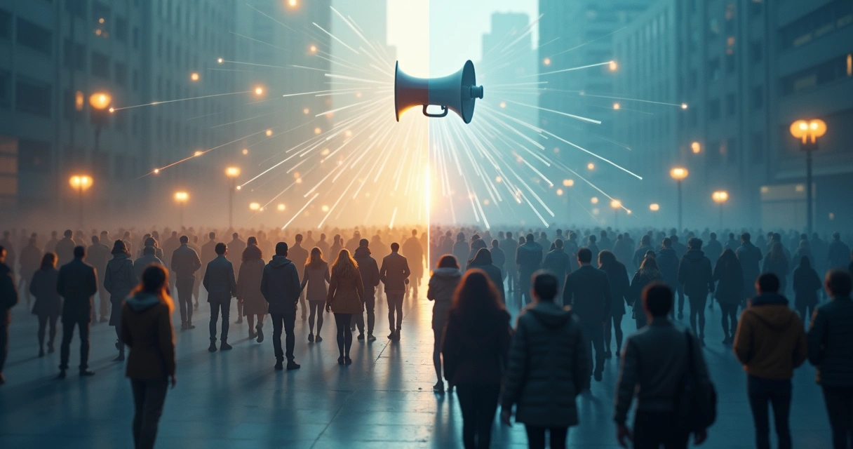 Contraste entre grupo conectado em rede luminosa e multidão uniforme seguindo na mesma direção 