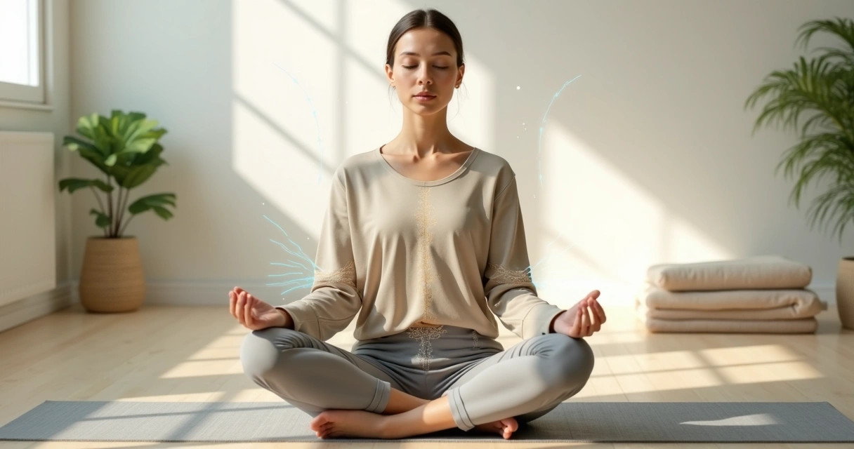 Pessoa em meditação sentada percebendo o corpo em estúdio iluminado 