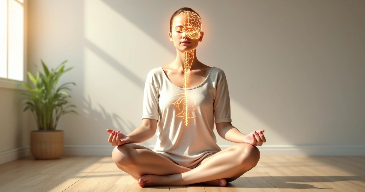 Pessoa em posição de meditação com silhueta mostrando conexão entre corpo e mente 