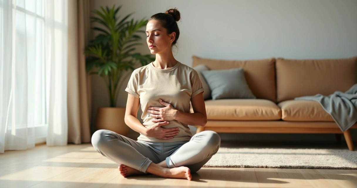 Mulher sentada no chão da sala com olhos fechados percebendo o próprio corpo 