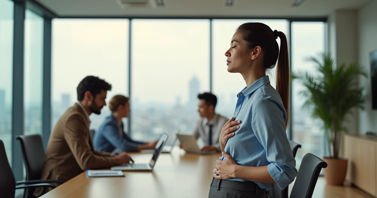 Profissional sentado em escritório percebendo o próprio corpo durante reunião 