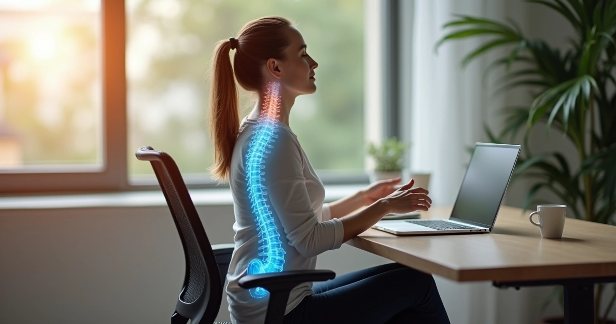 Mulher sentada em postura alinhada percebendo o próprio corpo em ambiente de trabalho 
