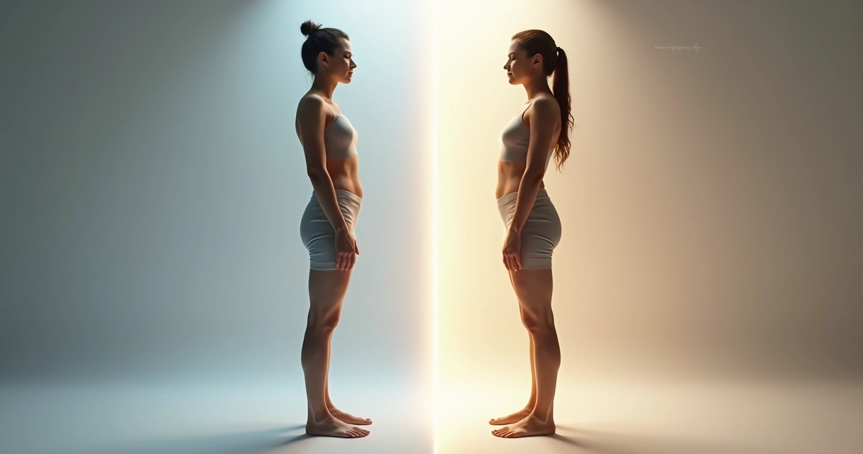 Pessoa em pé em posição alinhada com silhueta refletindo duas posturas diferentes 
