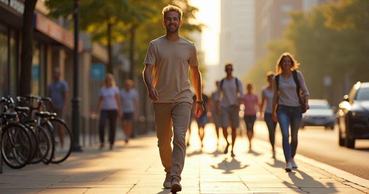 Pessoa caminhando na rua movimentada fazendo escaneamento corporal atento 