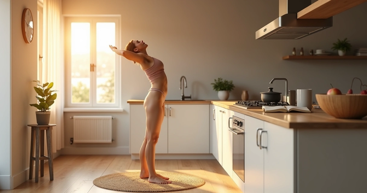 Persona estirando consciente en la cocina al amanecer 