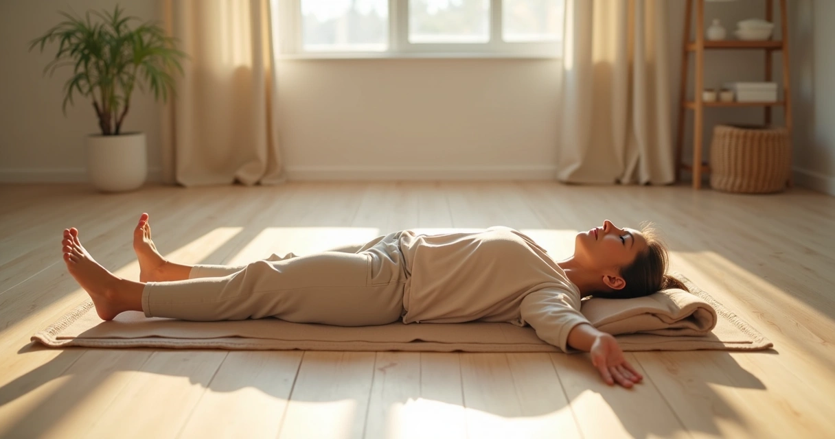 Pessoa deitada em tapete de yoga percebendo o corpo em ambiente minimalista 