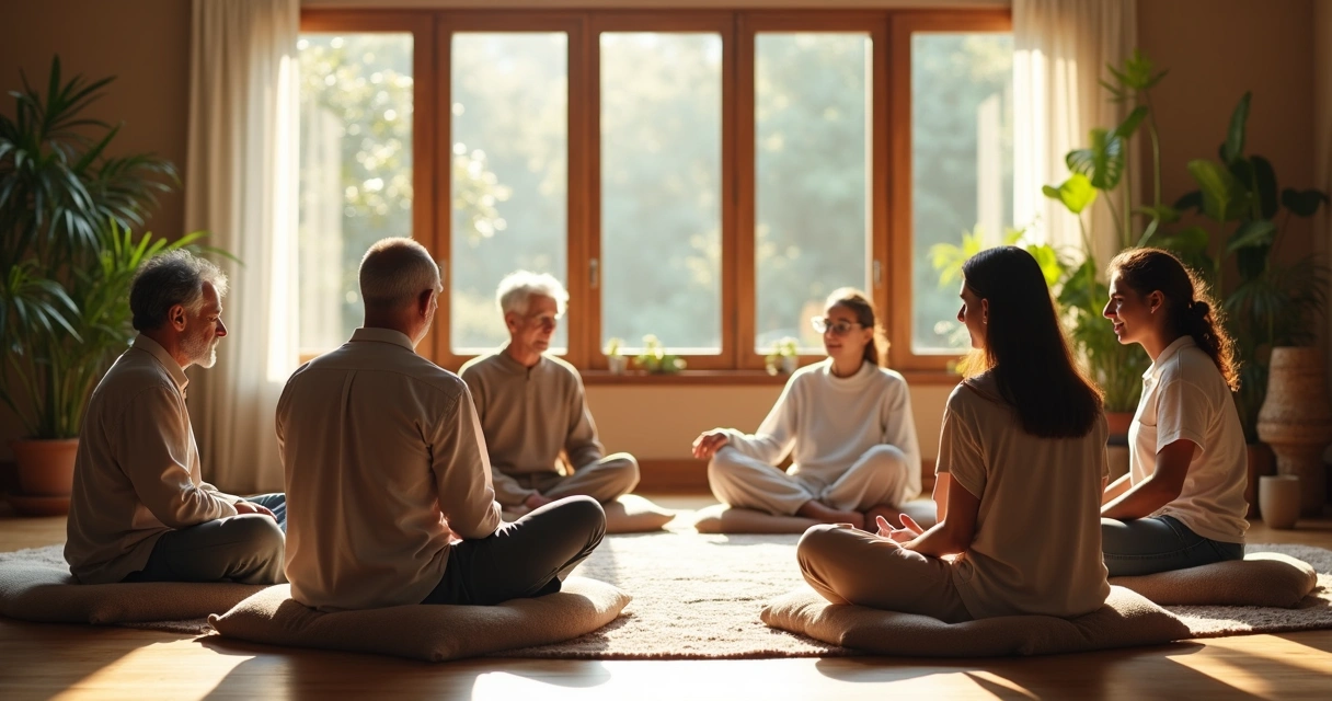 Grupo de personas en círculo compartiendo en ambiente tranquilo 