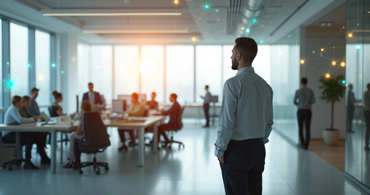 Executivo observando equipe em escritório com conexões de luz representando cultura organizacional invisível 