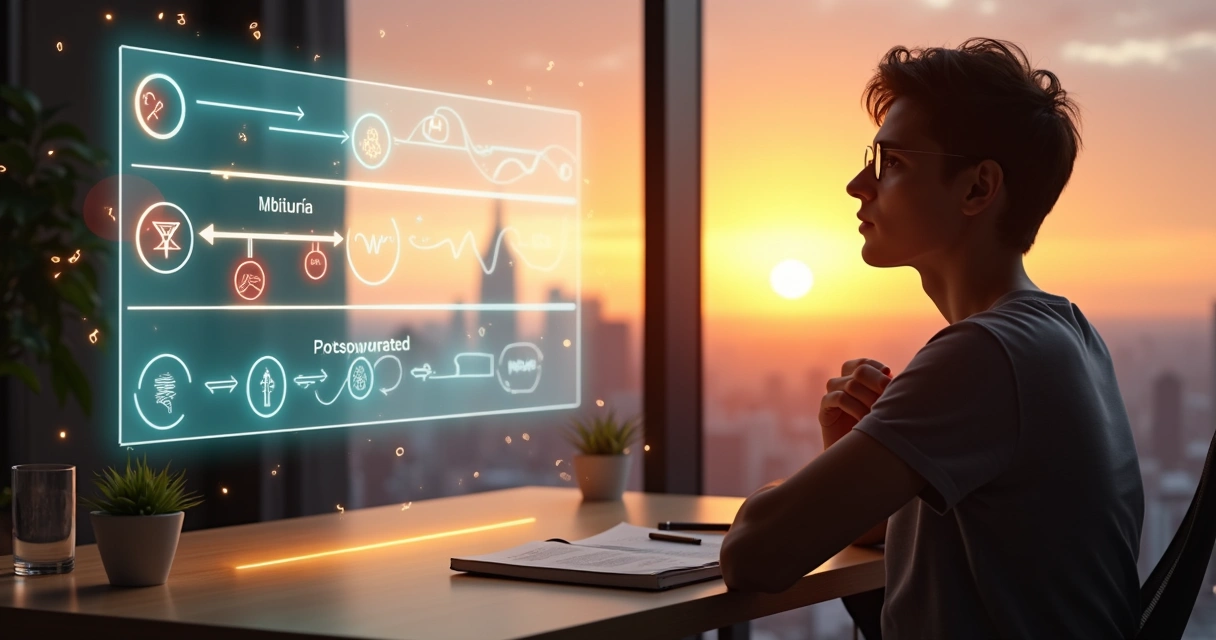 Profissional tranquilo analisando opções de decisão em painel transparente digital 
