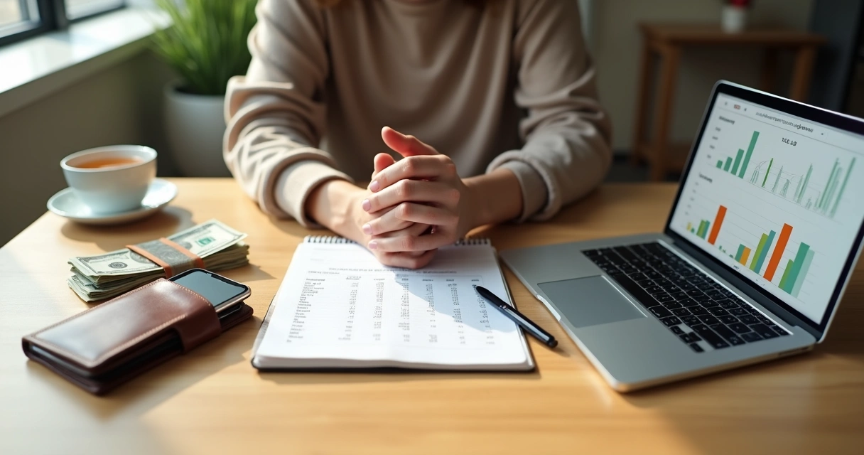 Pessoa refletindo sobre escolhas financeiras com carteira, celular e planilha na mesa 