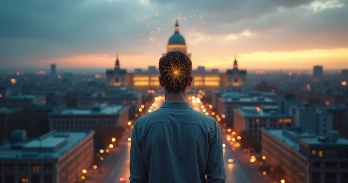 Pessoa refletindo diante de prédios governamentais e fluxos de energia entre mente e cidade 